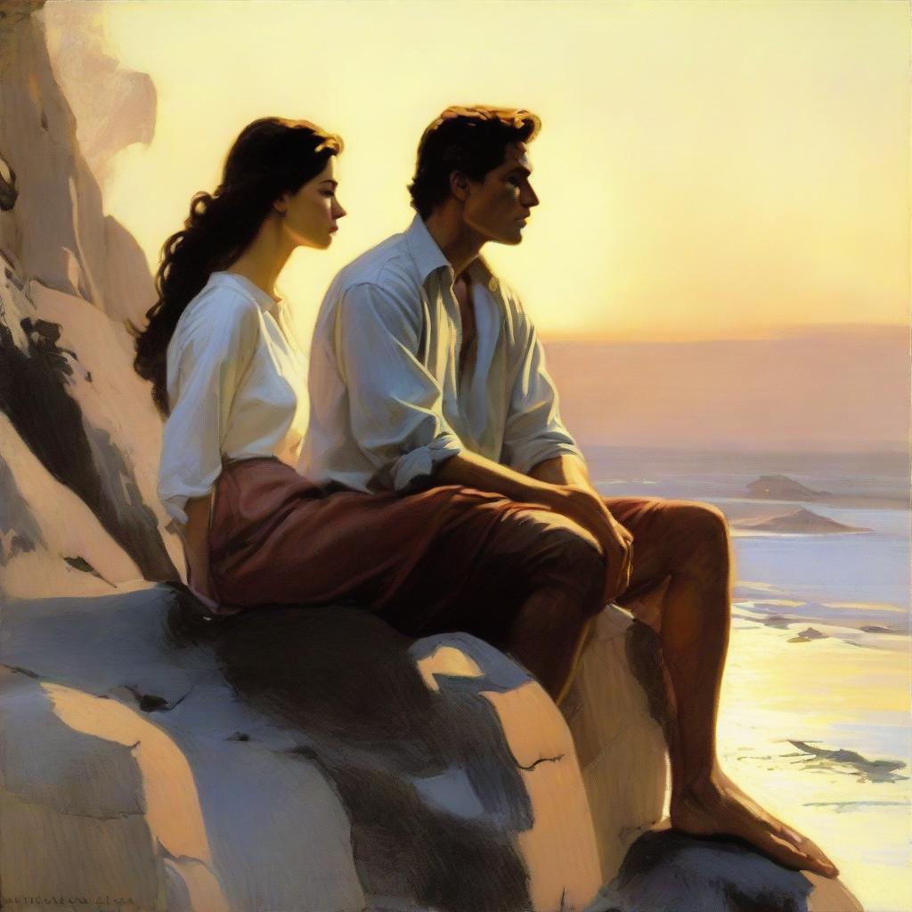 In a realistic style, illustrate a man, deeply engrossed in thought about a woman. The woman is depicted side-faced, perched on a rocky cliff bathed in the light of the setting sun.