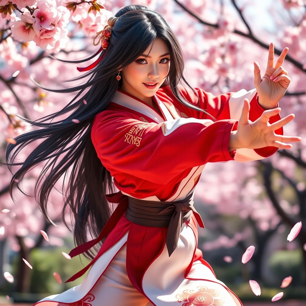 Mai Shiranui, a stunningly beautiful woman with long, flowing black hair and a traditional Japanese kunoichi outfit featuring a red and white color scheme