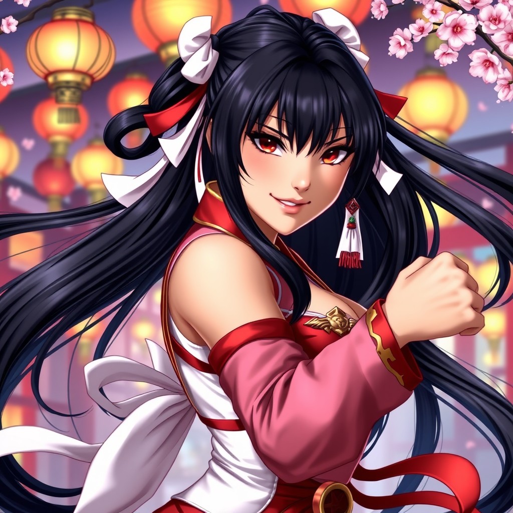 A stunning portrait of Mai Shiranui, the iconic character from the Fatal Fury and King of Fighters series, showcasing her beautiful long black hair flowing gracefully