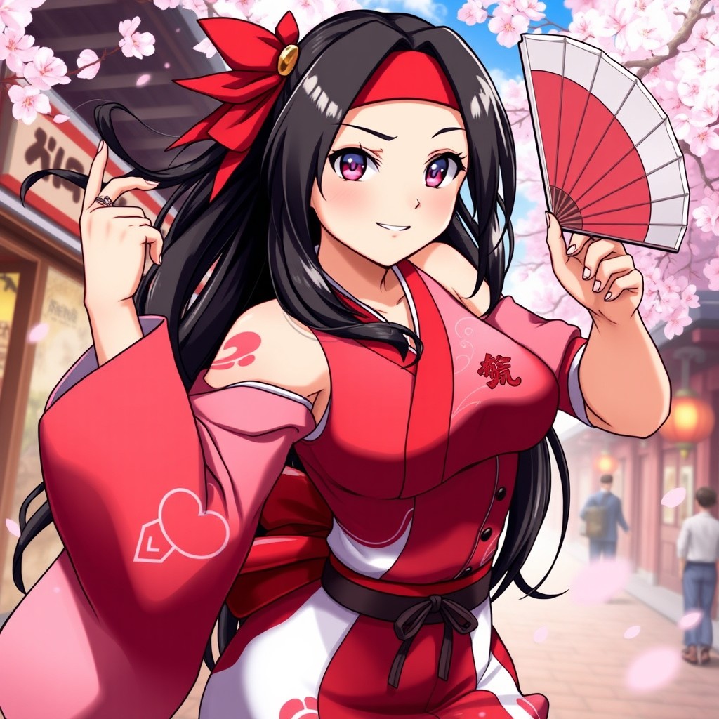 A dynamic illustration of Mai Shiranui, a popular character from the King of Fighters video game series, showcasing her iconic outfit which features a red and white kimono with traditional Japanese elements