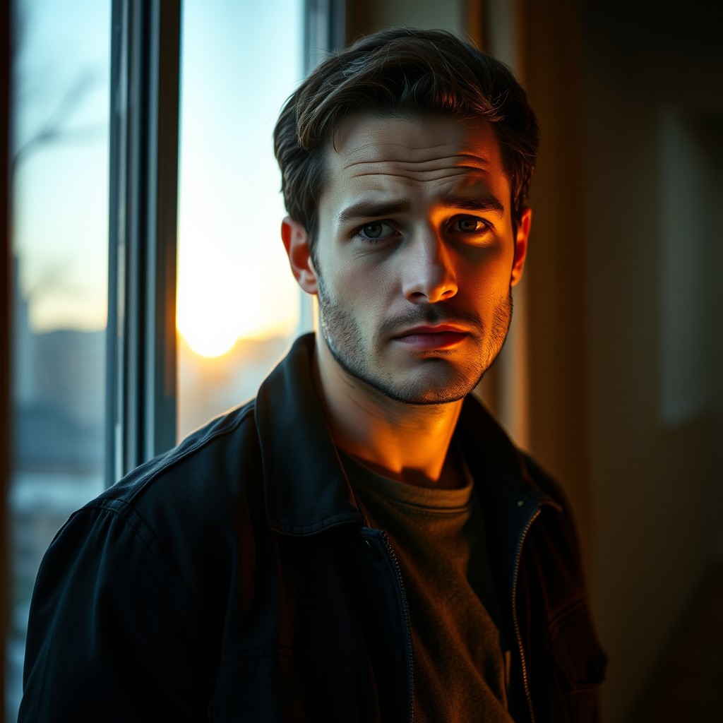 A light-skinned man in his early 30s, with short brown hair and a light beard, wearing a casual dark jacket and jeans