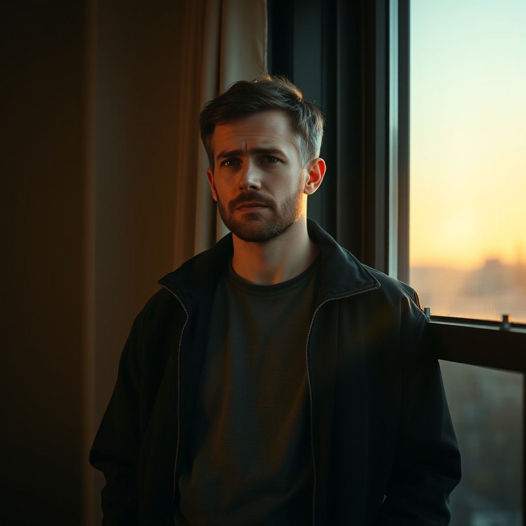 A light-skinned man in his early 30s with short brown hair and a light beard, wearing a casual dark jacket and jeans