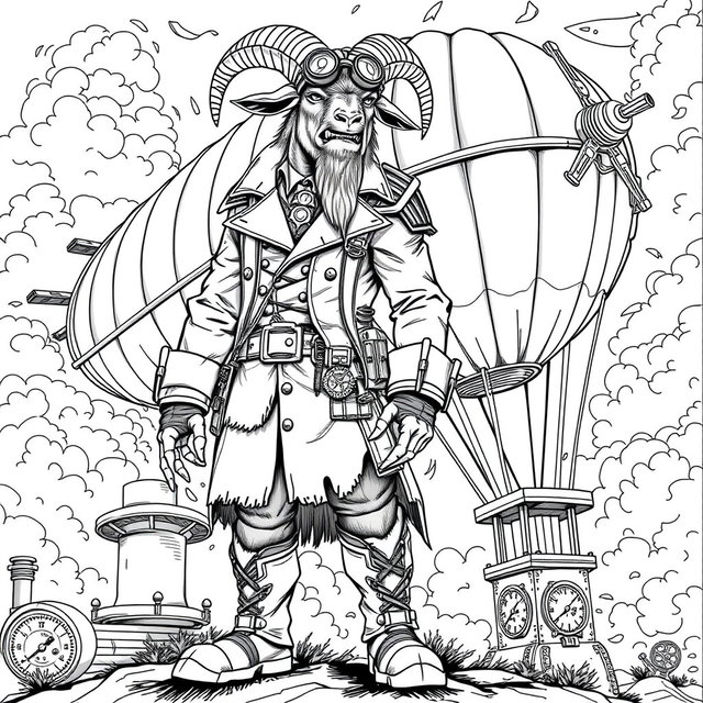 A detailed black and white line art coloring page featuring a steampunk goat-human standing proudly next to a large airship balloon