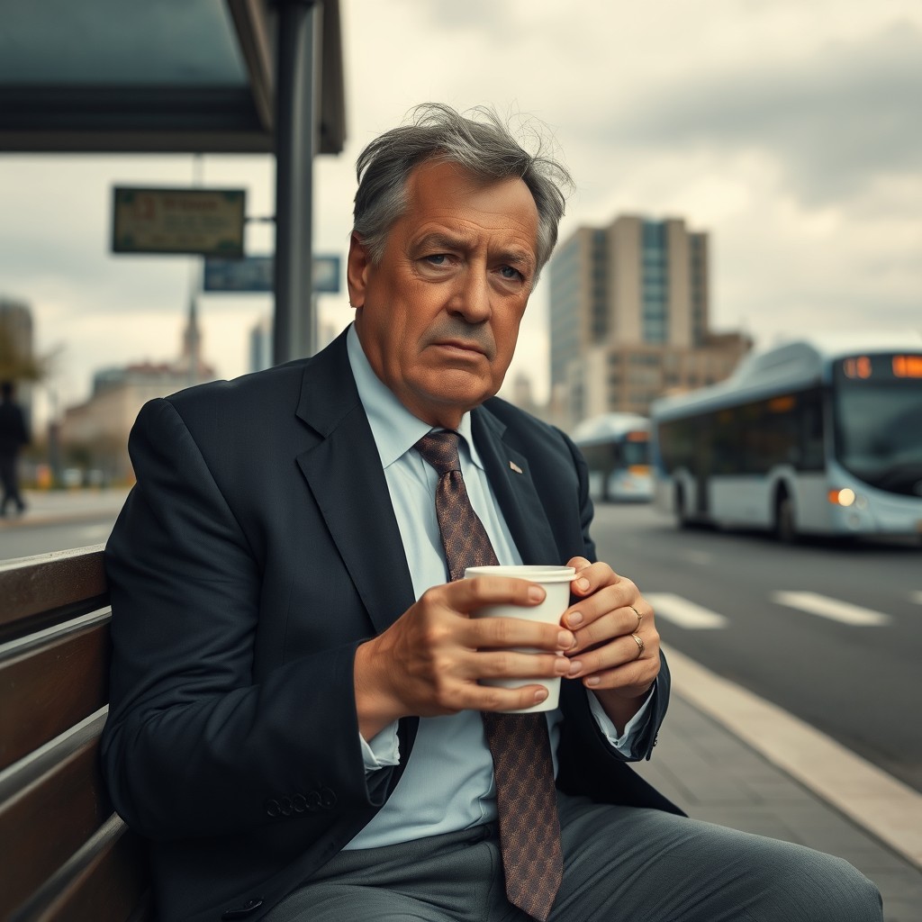 A middle-aged man sitting alone on a bench at a bus stop in an urban setting during the early morning hours, dressed professionally in a suit and tie, gripping a coffee cup tightly