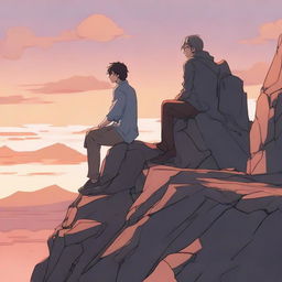 In Anime style, capture a man in thought about a woman, who is side-faced on a rocky cliff during sunset.