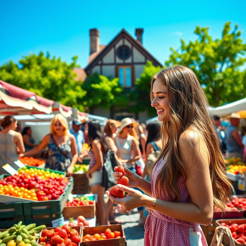 A warm, sunny day at a vibrant local market, where various stalls are filled with colorful fresh fruits and vegetables