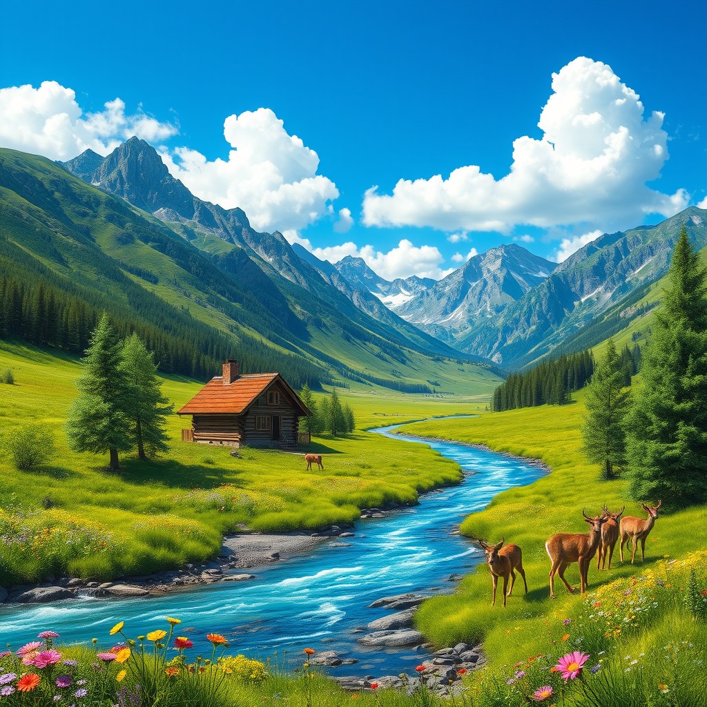A serene landscape featuring a lush green valley surrounded by majestic mountains, under a bright blue sky with fluffy white clouds