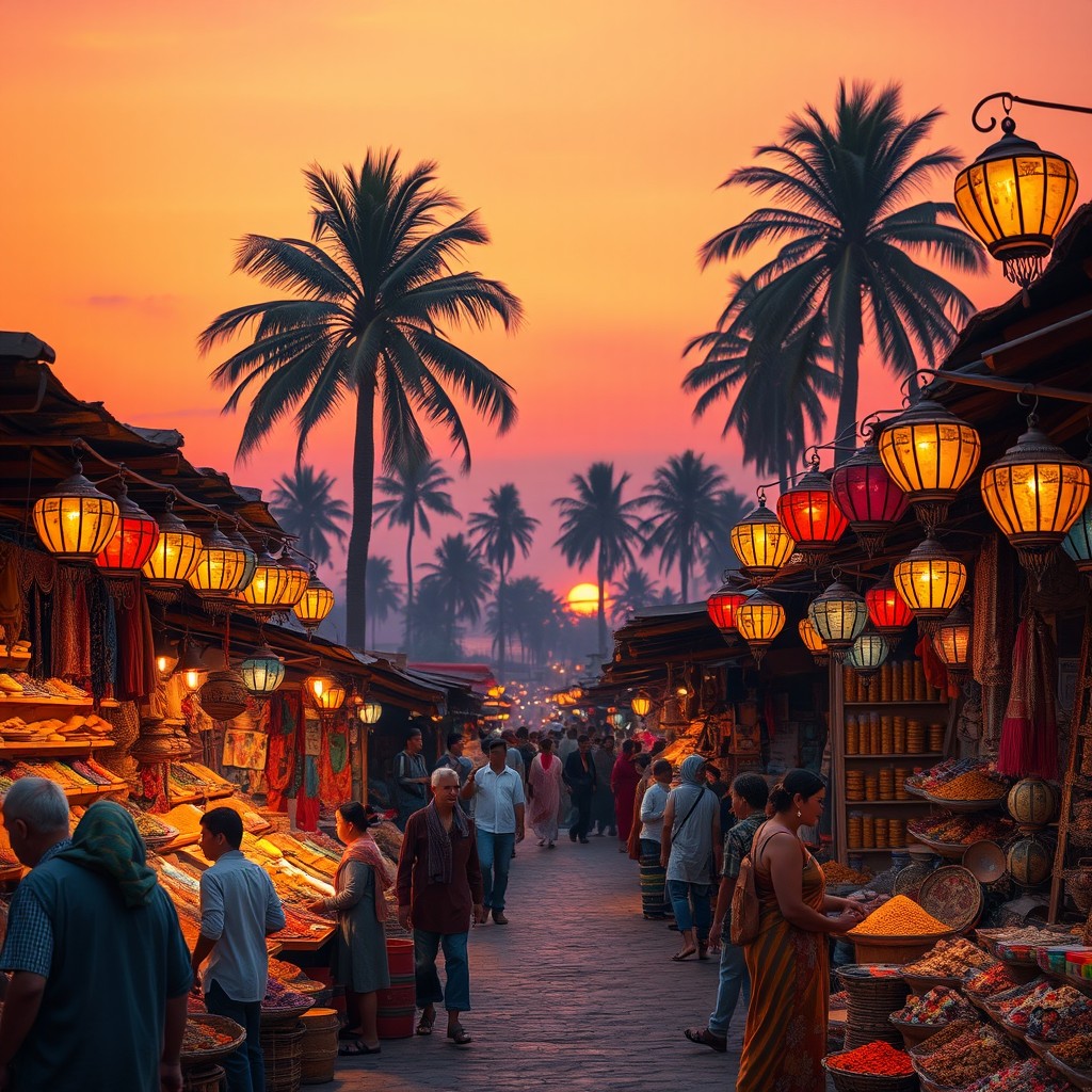 A warm and inviting scene of an exotic marketplace at sunset, filled with vibrant colors and rich textures