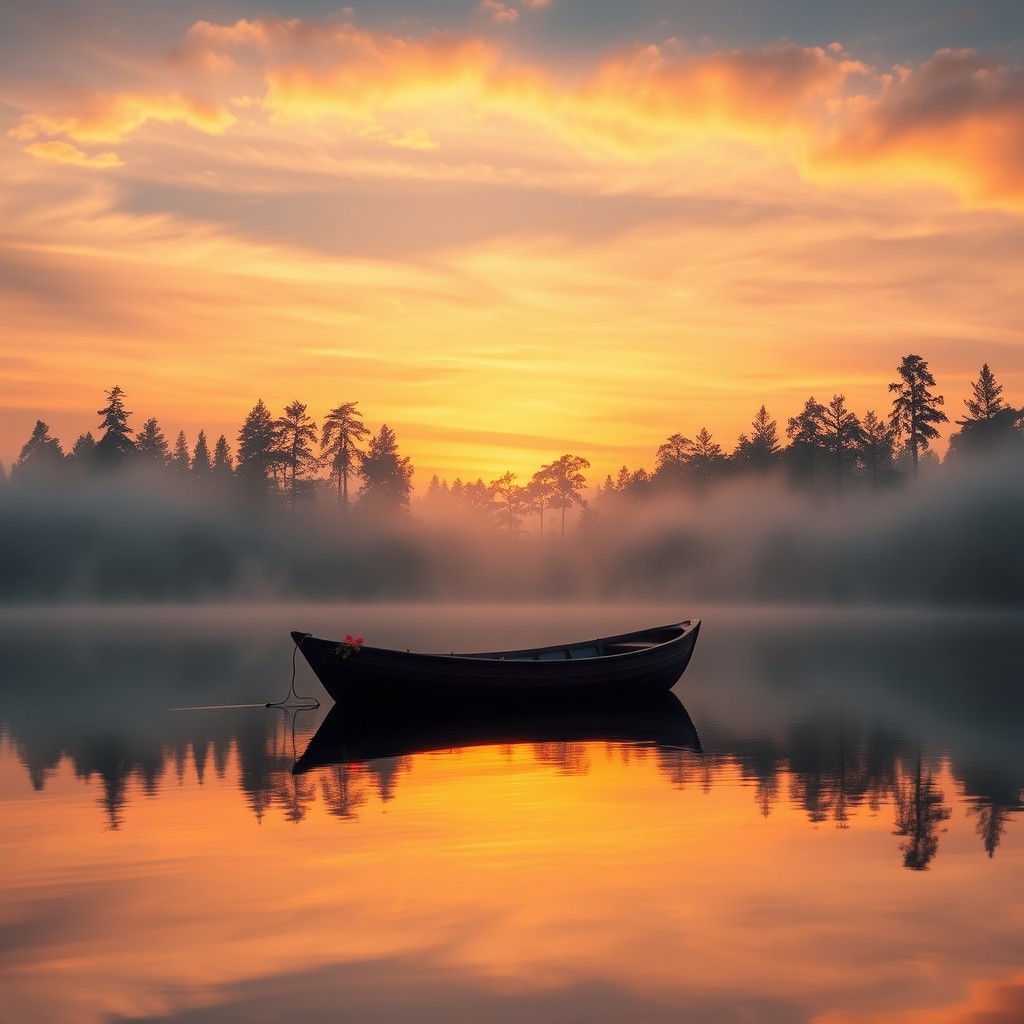 A serene scene of a calm lake at sunrise, with vibrant colors reflecting on the water's surface