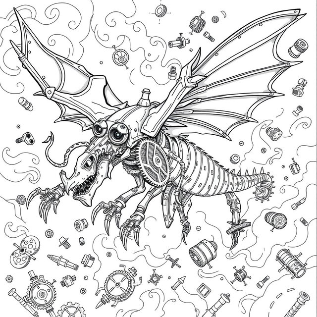 A black and white line art coloring page of a terrifying steampunk flying beast
