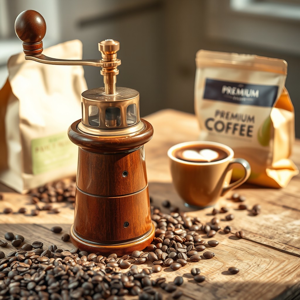 An elegant coffee grinder made of polished wood and brass, with freshly ground coffee beans scattered around it