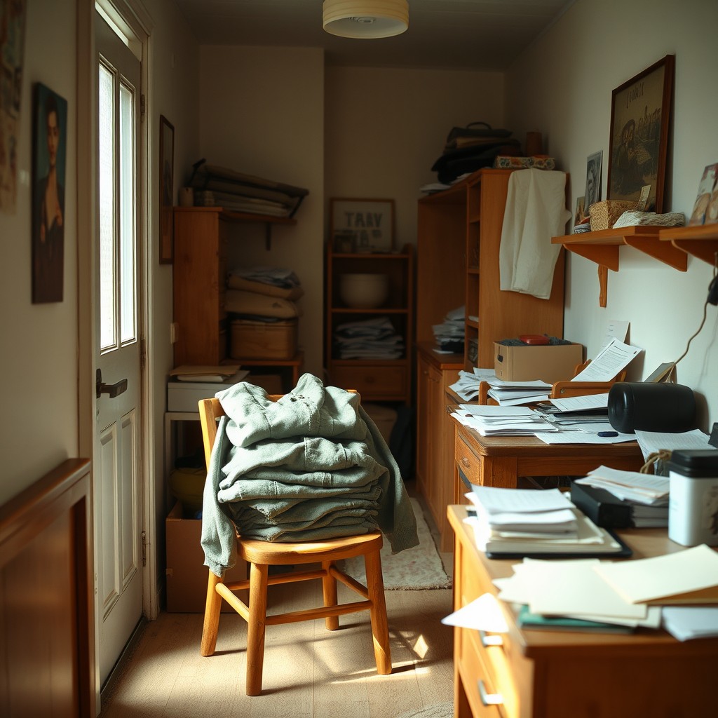 A tiny, cluttered apartment interior featuring dim natural lighting