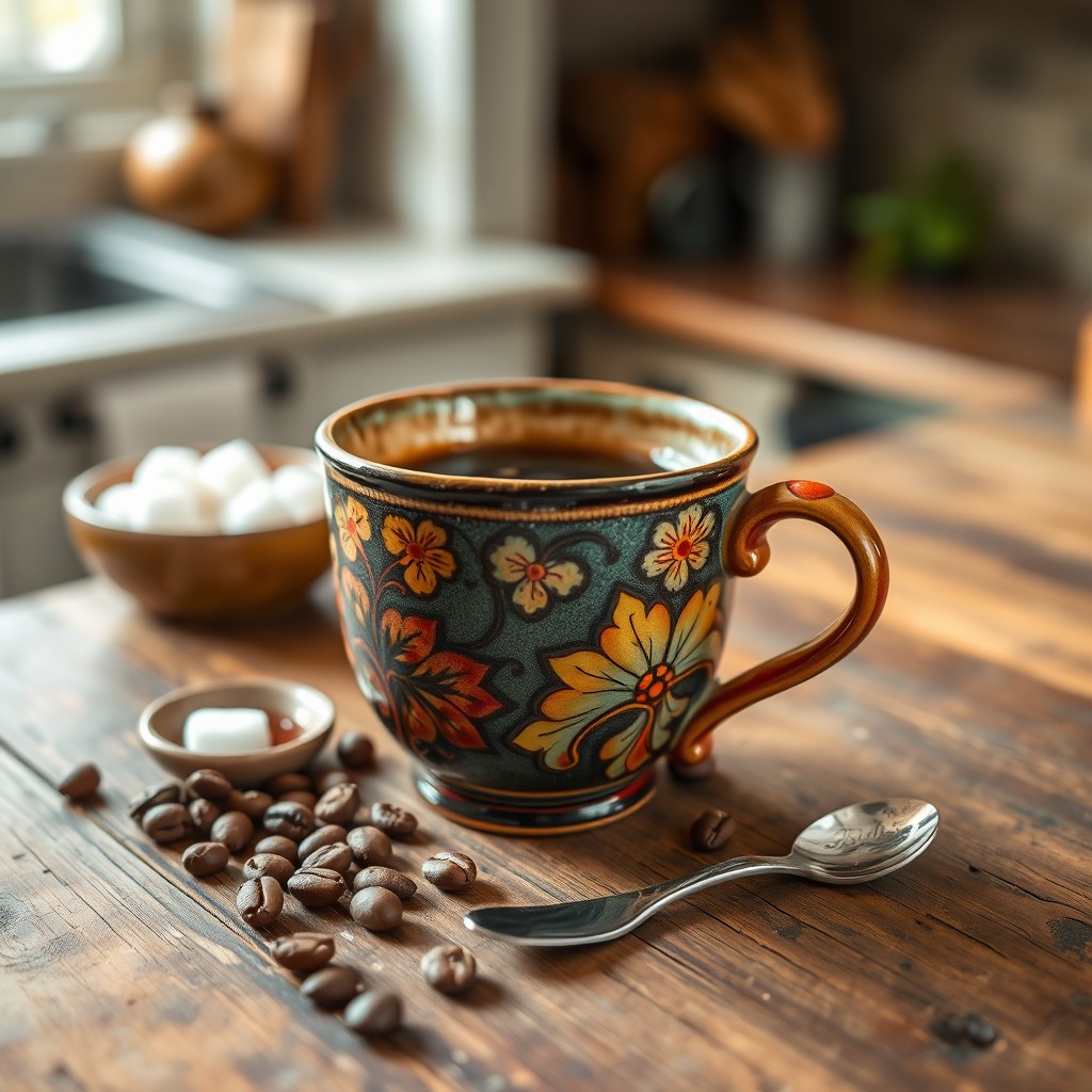 A beautifully crafted coffee cup sitting atop a rustic wooden table, filled with rich, steaming coffee