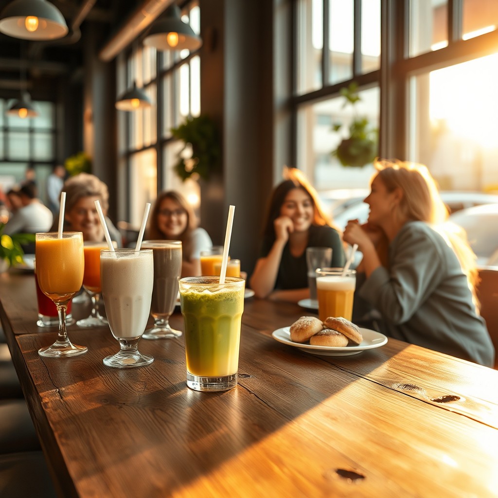 A trendy café scene featuring a variety of untouched drinks including colorful smoothies, artisan coffee cups, and elegant pastries, with laughter resonating among a group of friends seated at a rustic wooden table