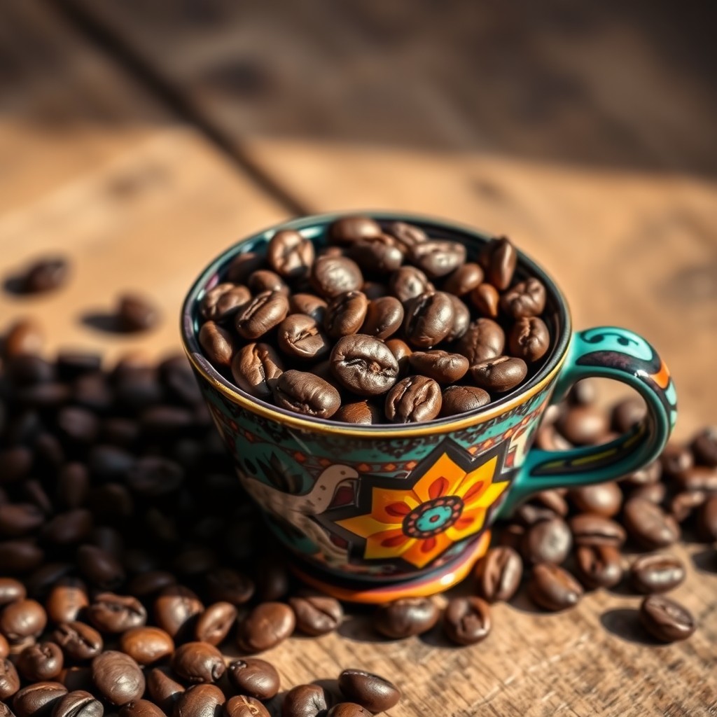 A charming coffee cup filled with whole coffee beans, showcasing their rich brown tones and shiny surfaces