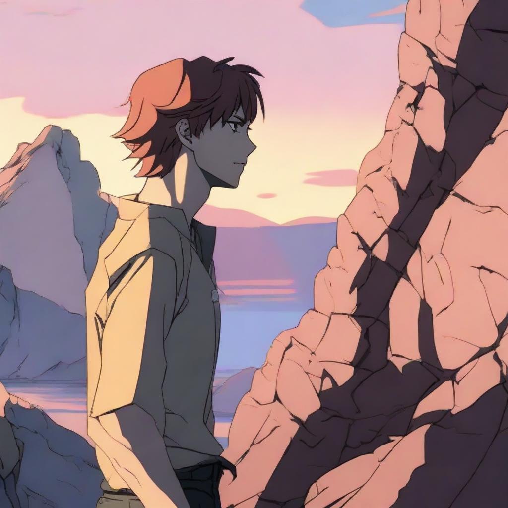 In Anime style, capture a man in thought about a woman, who is side-faced on a rocky cliff during sunset.