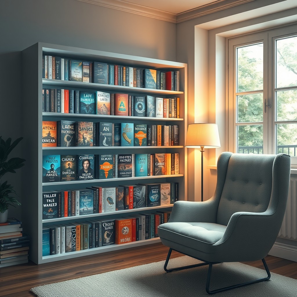 A visually stunning representation of a digital bookshelf filled with various e-books