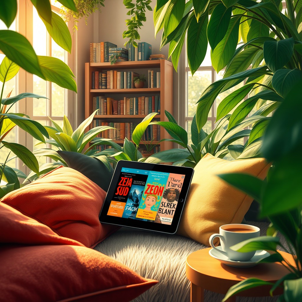 A highly detailed and artistic representation of a cozy reading nook featuring a collection of vibrant e-books on a sleek modern tablet
