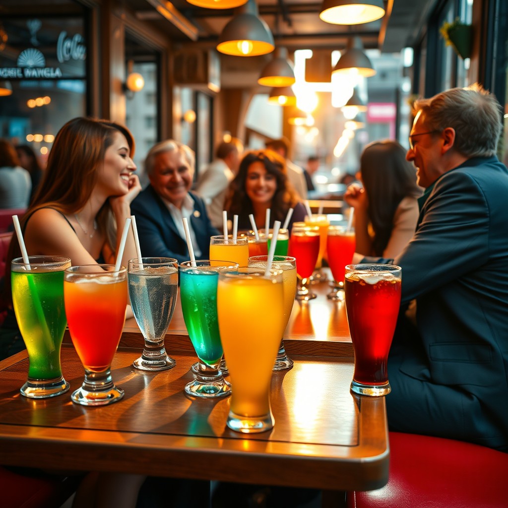 A vibrant and trendy café scene filled with colorful untouched drinks placed on a stylish table, laughter frozen in time among well-dressed patrons enjoying their time together