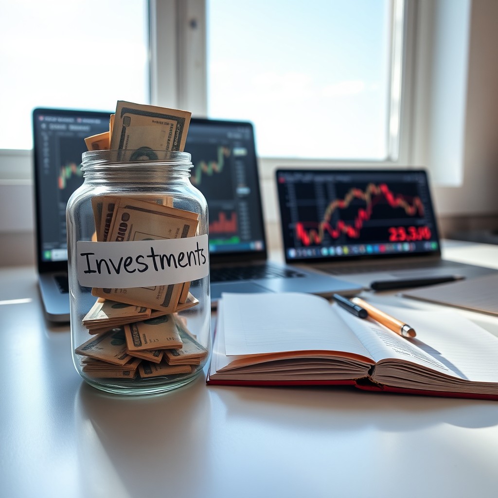 A glass jar labeled 'Investments' half-filled with cash bills, sitting next to an open notebook with handwritten notes and stock charts displayed on a glowing laptop screen