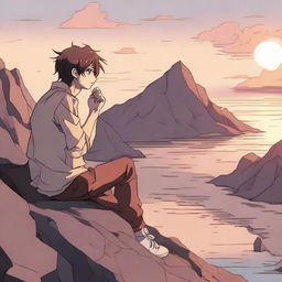 In Anime style, capture a man in thought about a woman, who is side-faced on a rocky cliff during sunset.