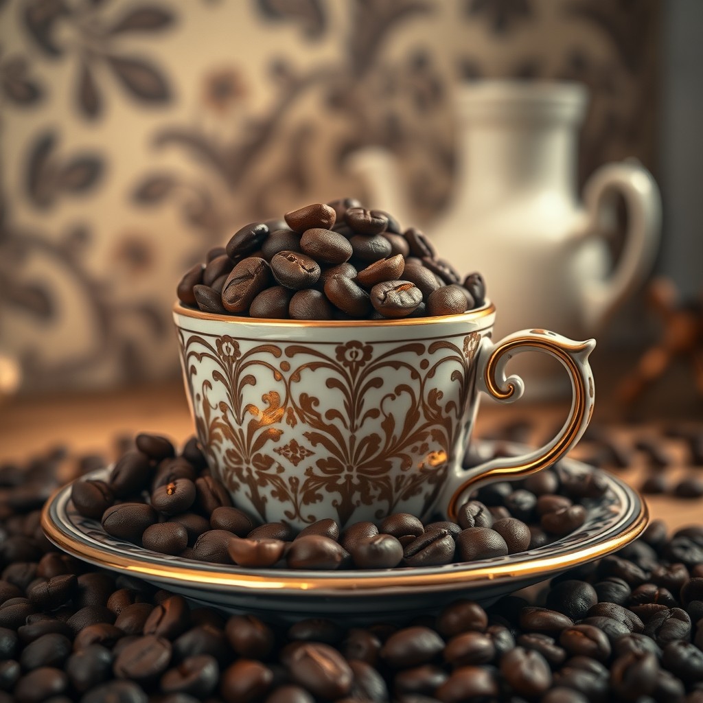 A close-up of an elegantly designed coffee cup overflowing with coffee beans, perfectly balanced between a classic and modern aesthetic