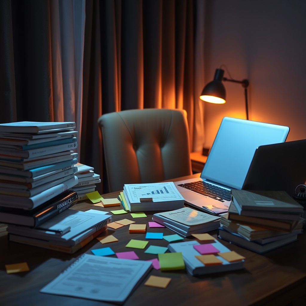 A cozy study table filled with various financial books stacked haphazardly, colorful sticky notes scattered around, and a softly glowing laptop