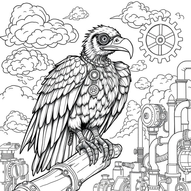 A detailed black and white line art coloring page of a steampunk vulture perched on a twisted metal beam