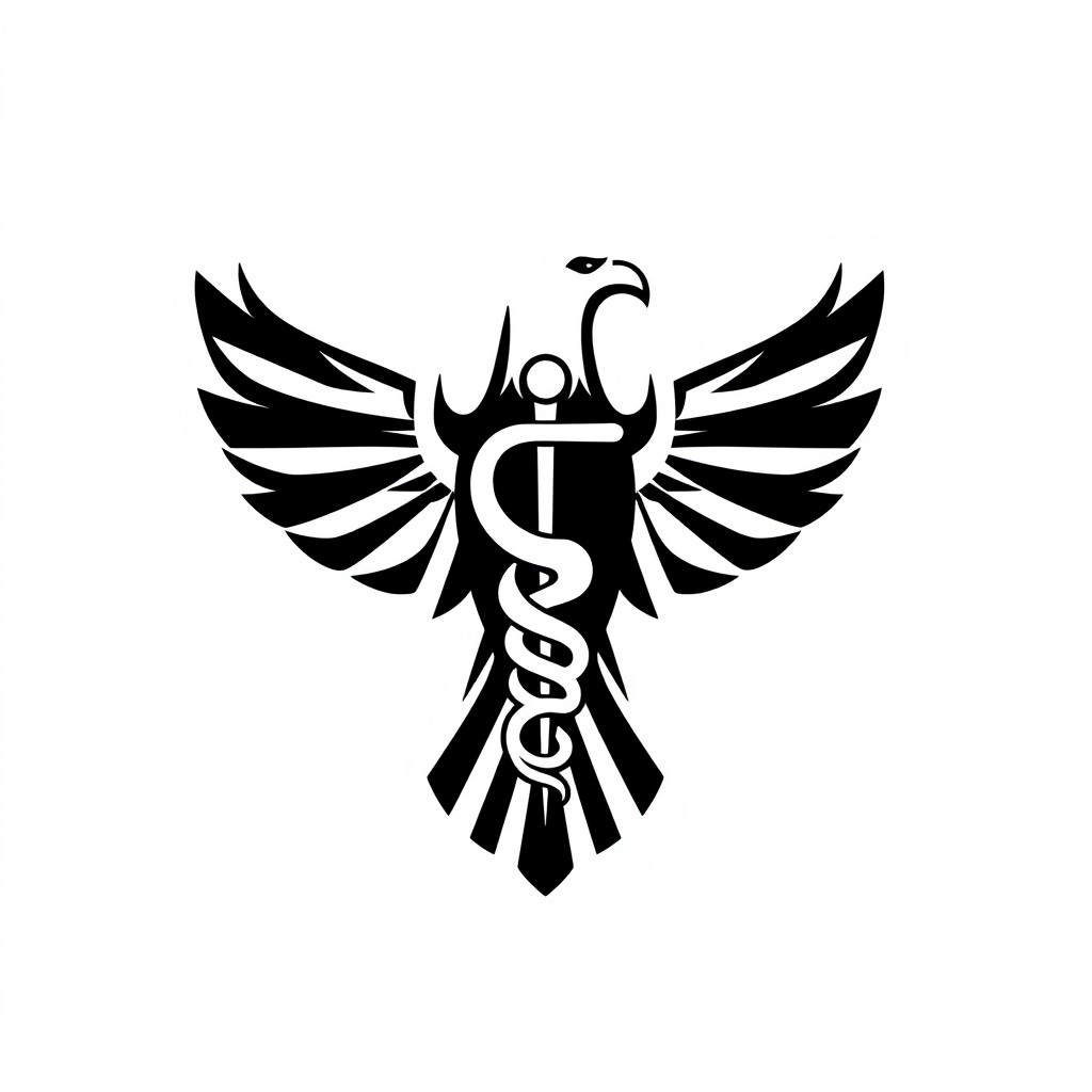 A monochromatic geometric eagle logo with the Rod of Asclepius, depicted as a single serpent wrapped around a staff, integrated into the eagle's chest area