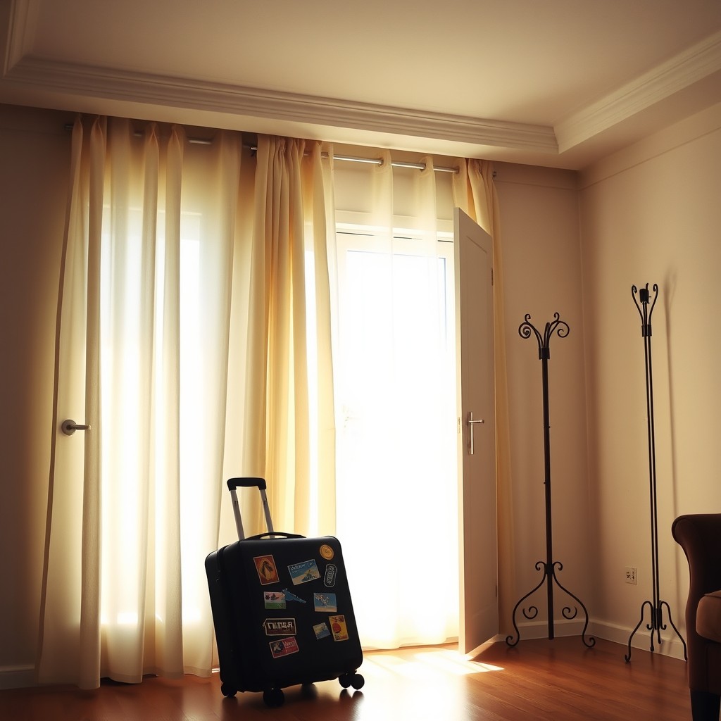 An empty room with soft, warm lighting illuminating the scene, featuring a neatly packed suitcase positioned by the door, slightly open to suggest recent use