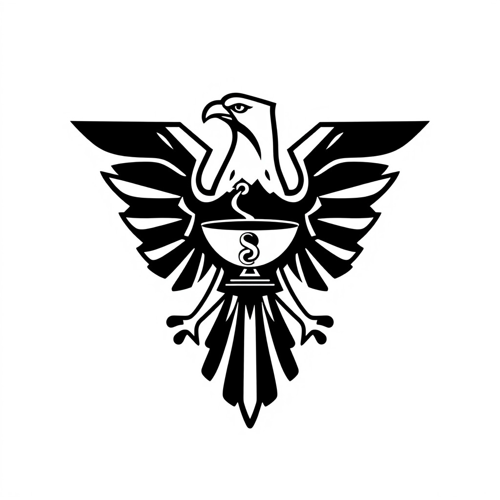 A stylized geometric eagle emblem in black and white, featuring a symmetrical composition with the Bowl of Hygieia, depicted as a chalice with a serpent, positioned at its center