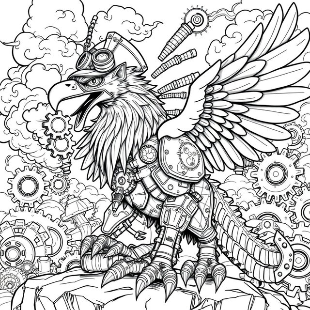A terrifying steampunk griffin in black and white line art, designed for a coloring page