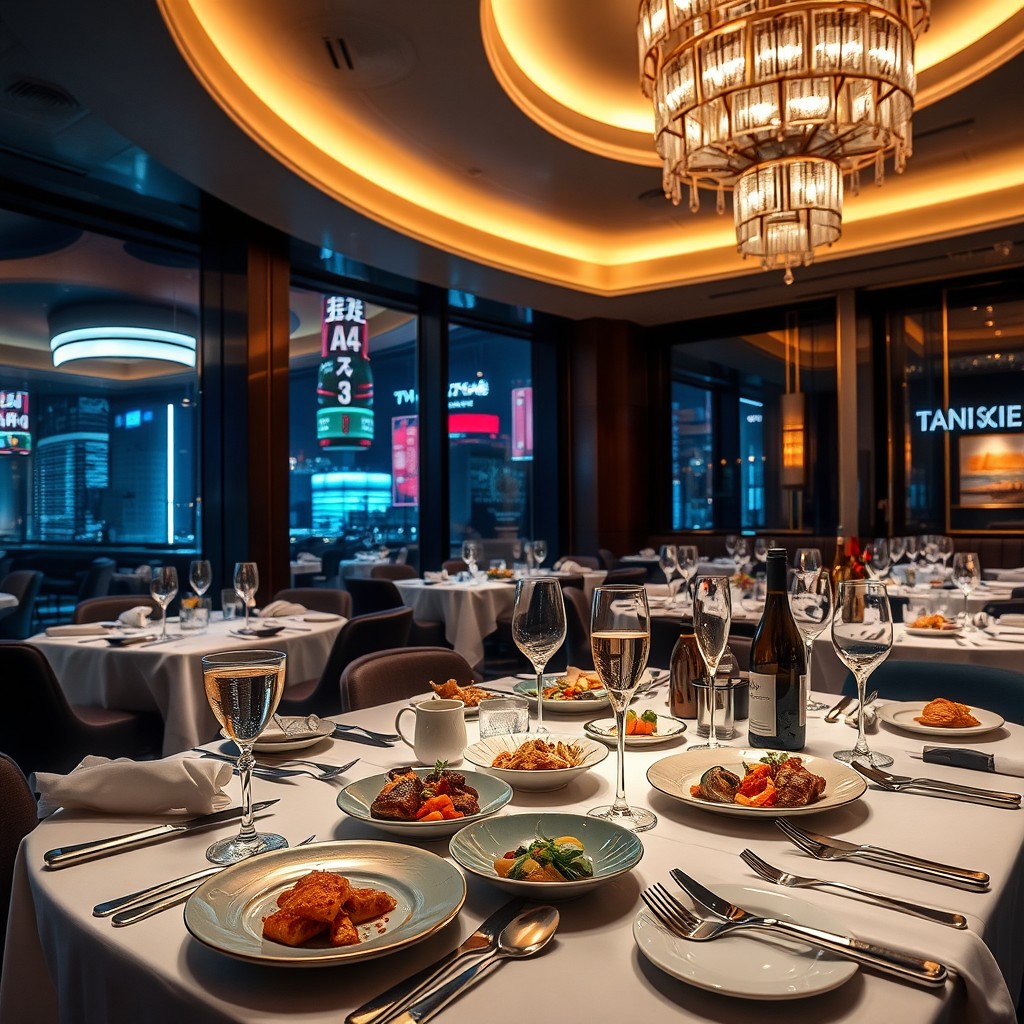 An opulent high-end restaurant interior in Tokyo, showcasing elegant table settings with fine china, polished silverware, and exquisite crystal glassware