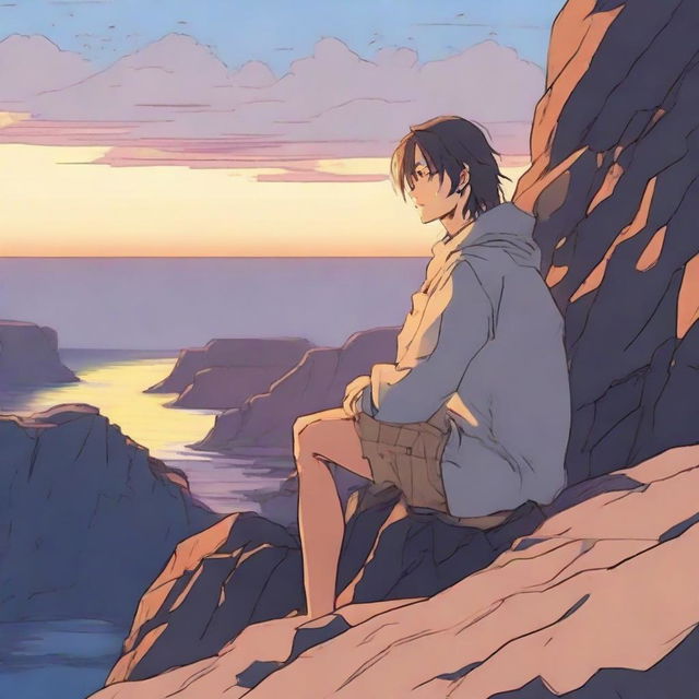 In Anime style, capture a man in thought about a woman, who is side-faced on a rocky cliff during sunset.