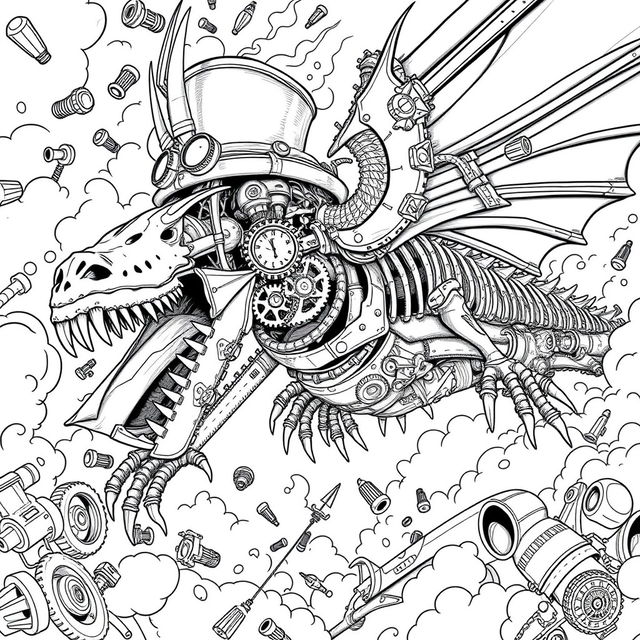 A dynamic black and white line art coloring page of a terrifying steampunk flying monster captured in mid-flight