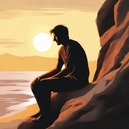 Depict a man engrossed in thought about a woman. She is side faced and positioned on a rocky cliff as the sun sets.