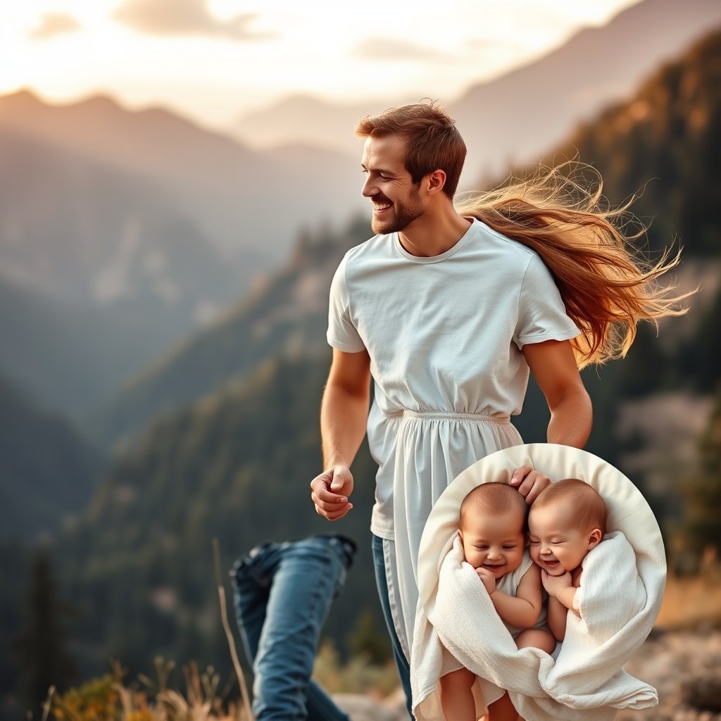 A romantic scene depicting a man and a woman on an adventurous journey together, surrounded by beautiful landscapes such as mountains and forests