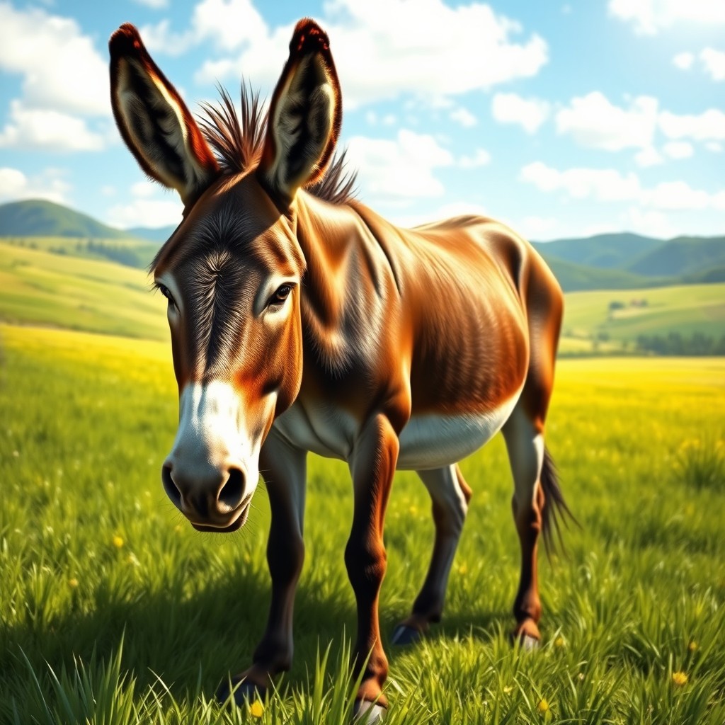 A realistic depiction of a donkey with an oversized thorax, showcasing its unique anatomy in a lush green pasture