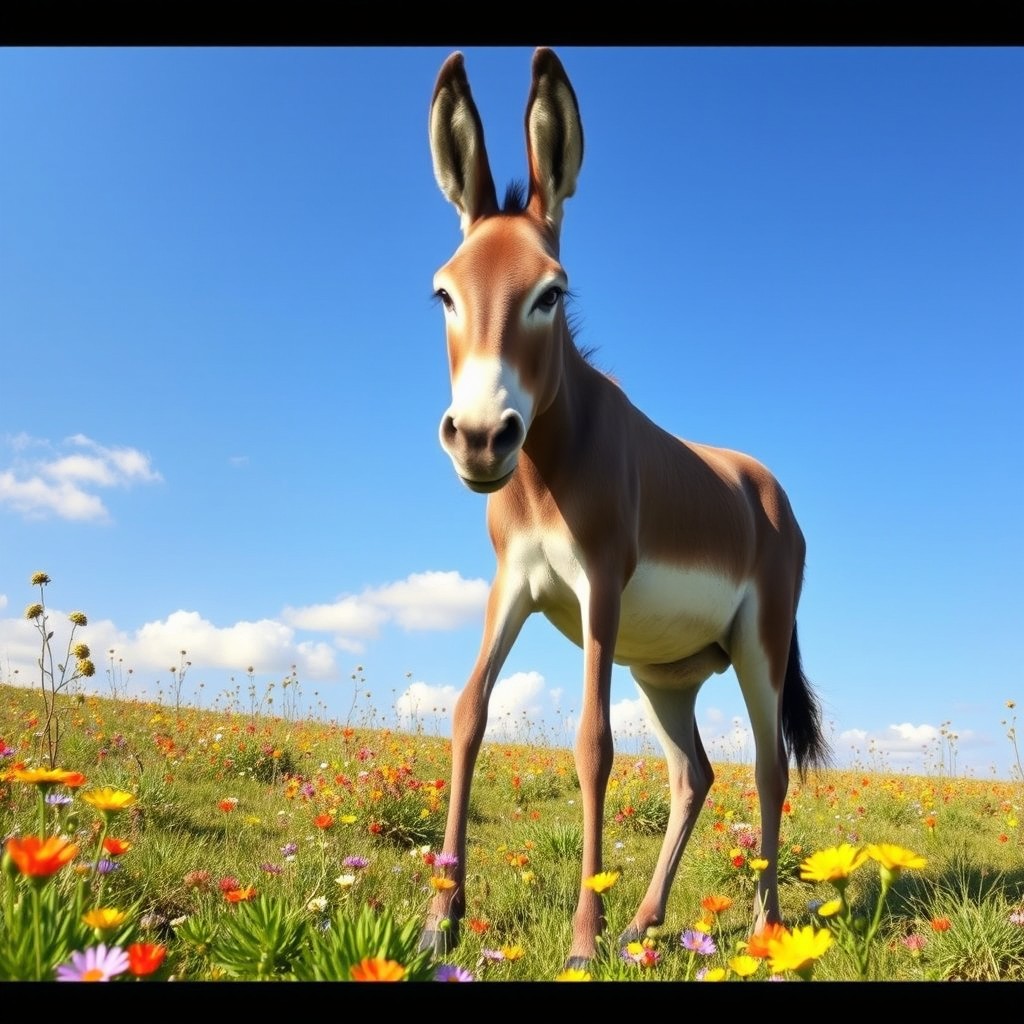 A whimsical and fantastical depiction of a very large donkey with exaggerated stick-like legs