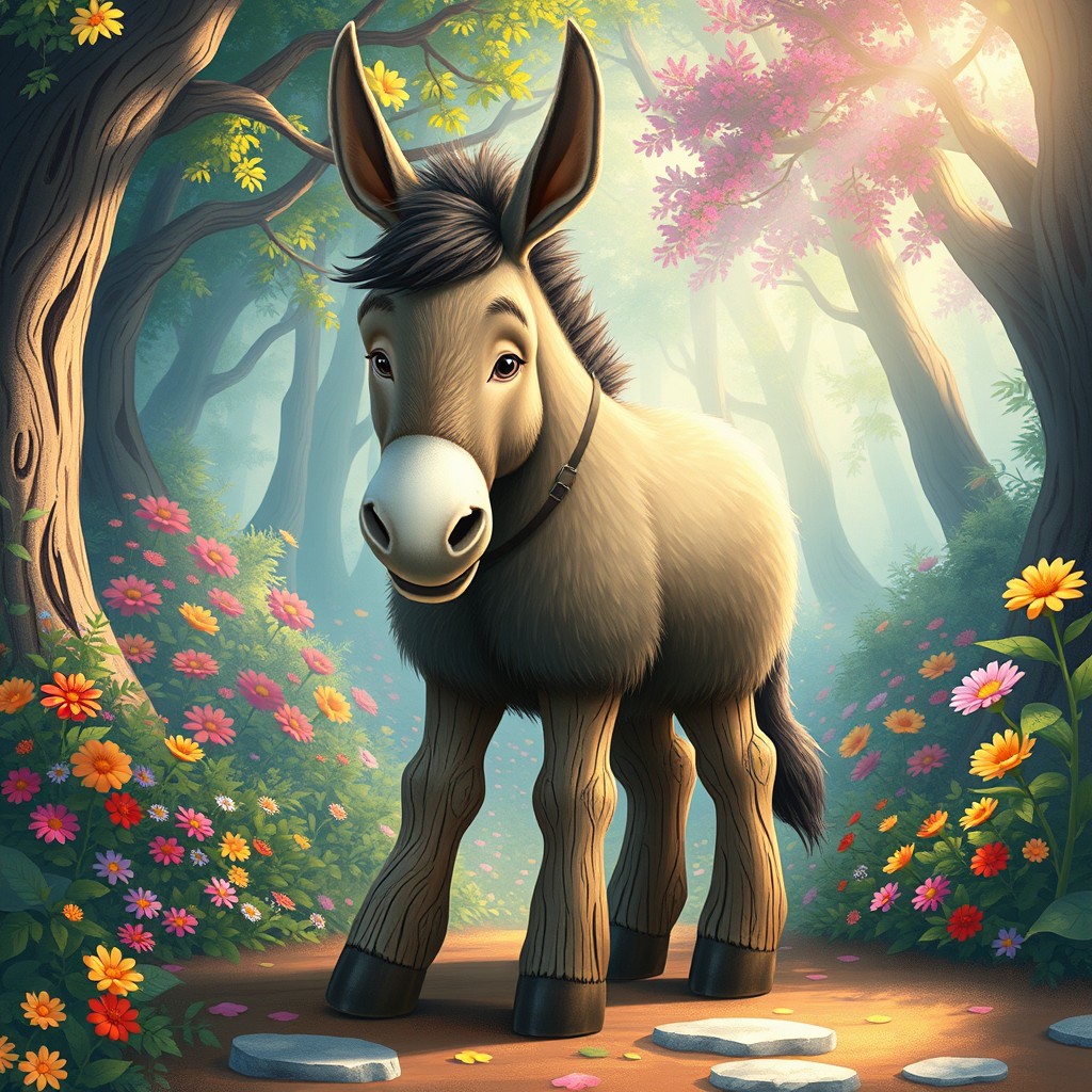A whimsical illustration of a very large donkey with wooden legs, standing in a vibrant, enchanted forest