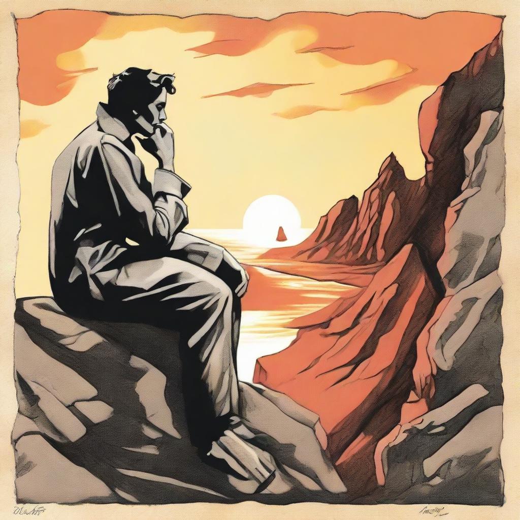 Depict a man engrossed in thought about a woman. She is side faced and positioned on a rocky cliff as the sun sets.