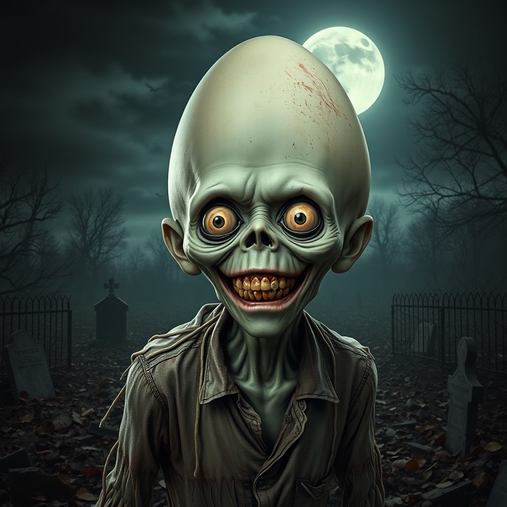 A surreal and artistic portrayal of a zombie with a noticeably large, egg-shaped head