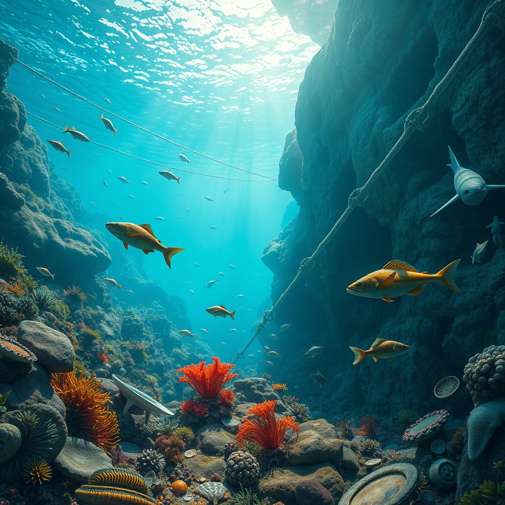 An expansive view of the prehistoric ocean floor, teeming with ancient marine life