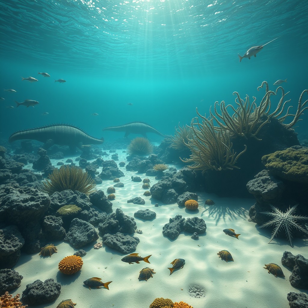 An expansive view of the ocean floor during the prehistoric era, showcasing vibrant marine life from ancient times