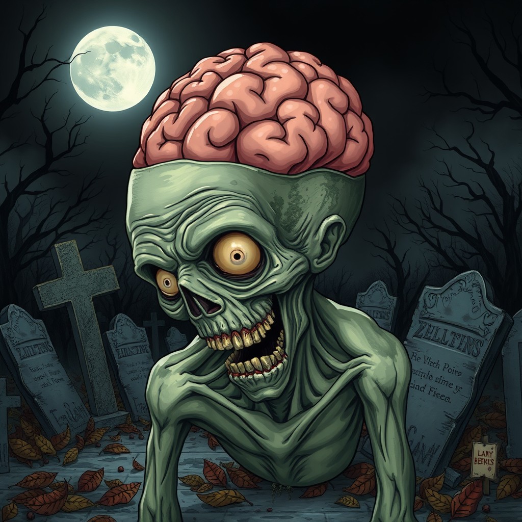 A surreal and detailed illustration of a zombie with a large, egg-shaped head and an oversized brain that protrudes visibly from the top of its head