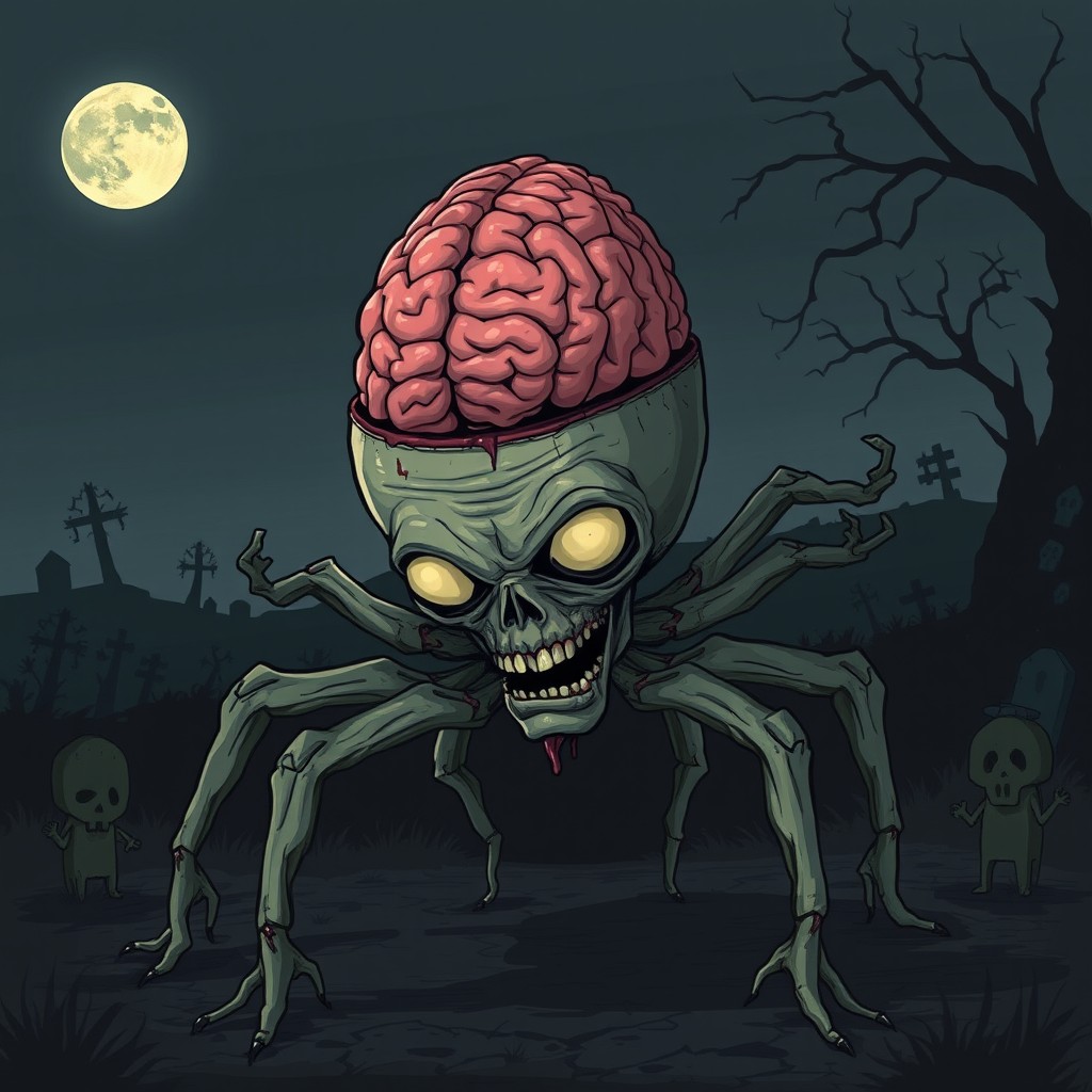 An imaginative and eerie illustration of a zombie with a large, egg-shaped head and an oversized brain, visibly protruding from the top of its head