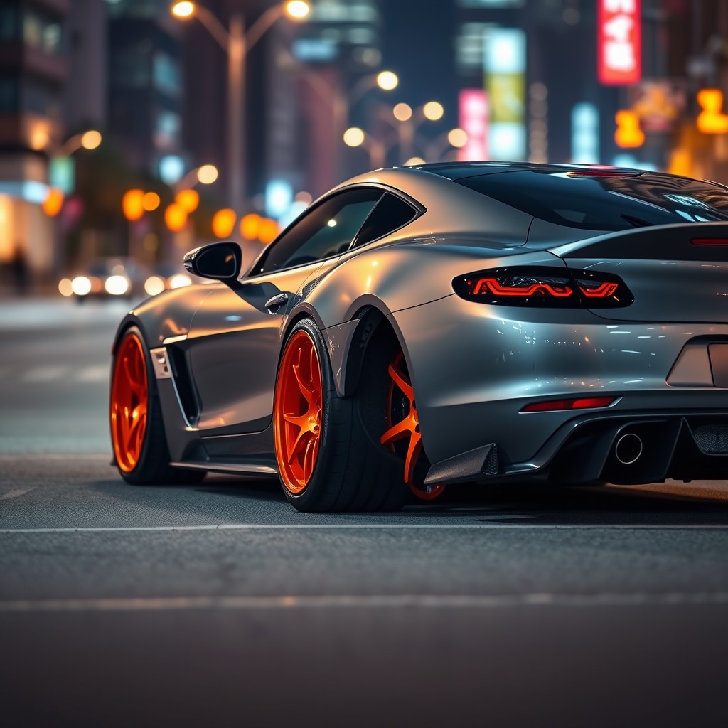 A modified gray sports car with sleek, modern design featuring the distinctive, shiny orange rims taken from a sporty orange car