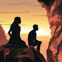 Depict a man engrossed in thought about a woman. She is side faced and positioned on a rocky cliff as the sun sets.