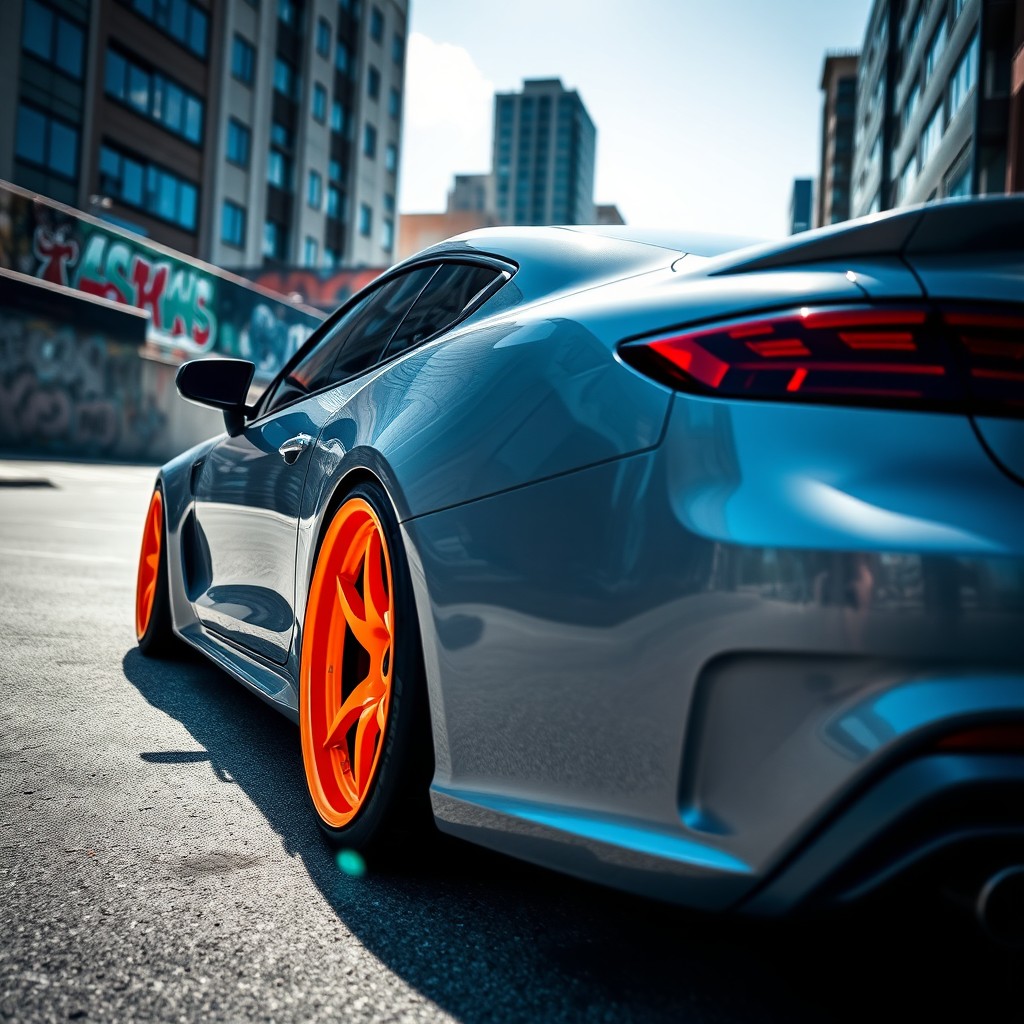 A visually striking image of a gray car with vibrant orange rims, showcasing a fresh, modern design