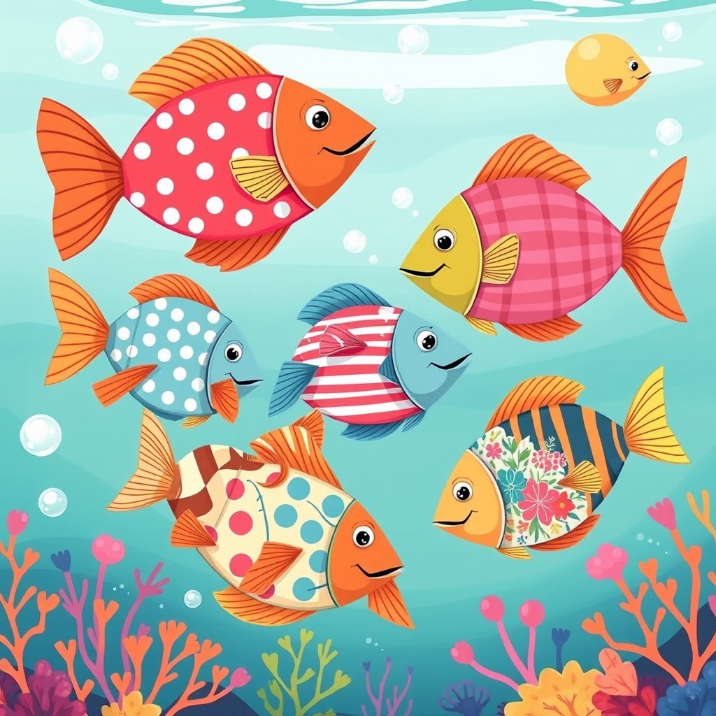 A whimsical and colorful illustration of fish wearing quirky, stylish shirts